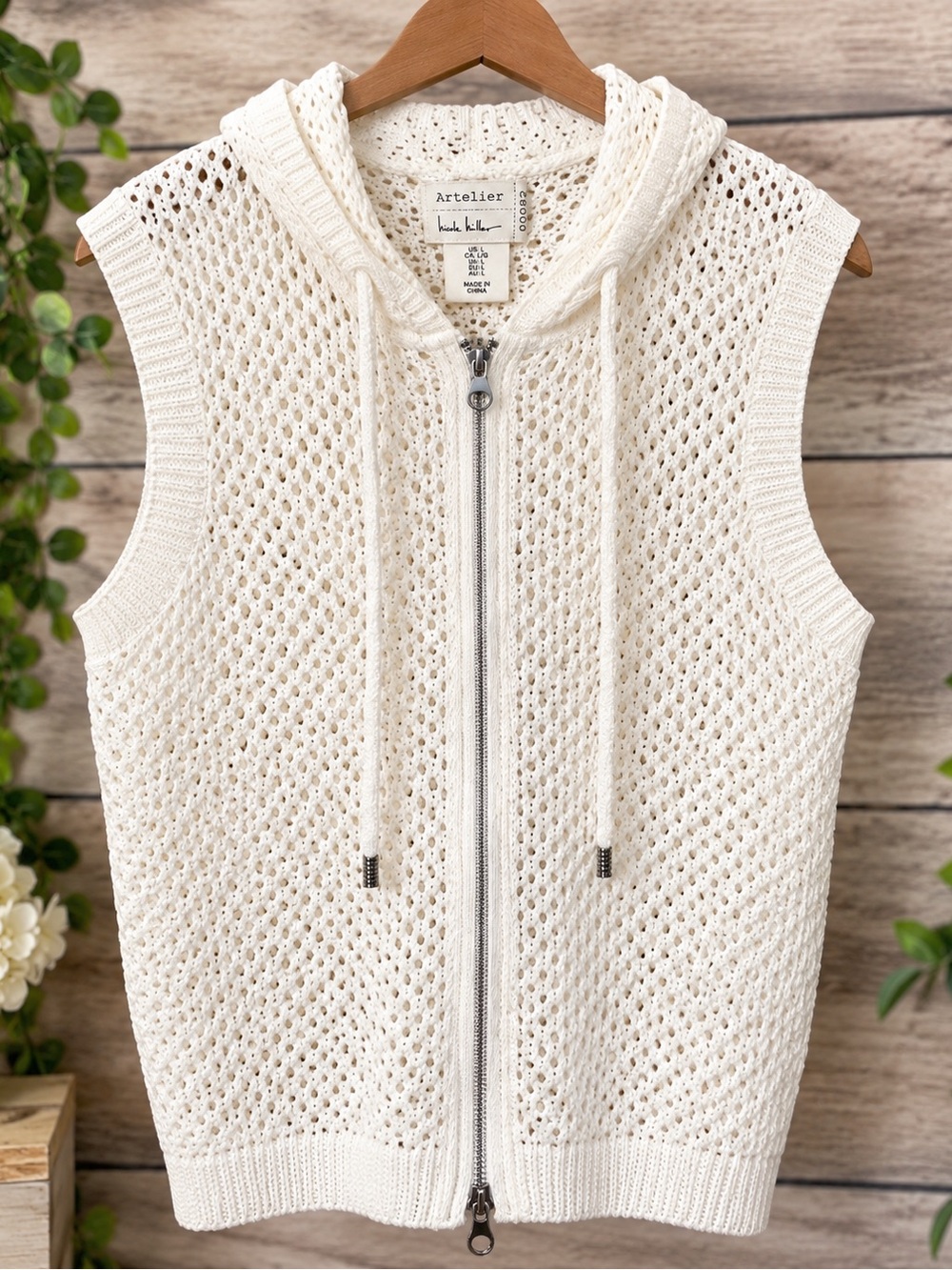 NWT Artelier Open-Knit, Hooded, Zip, Sweater Vest L